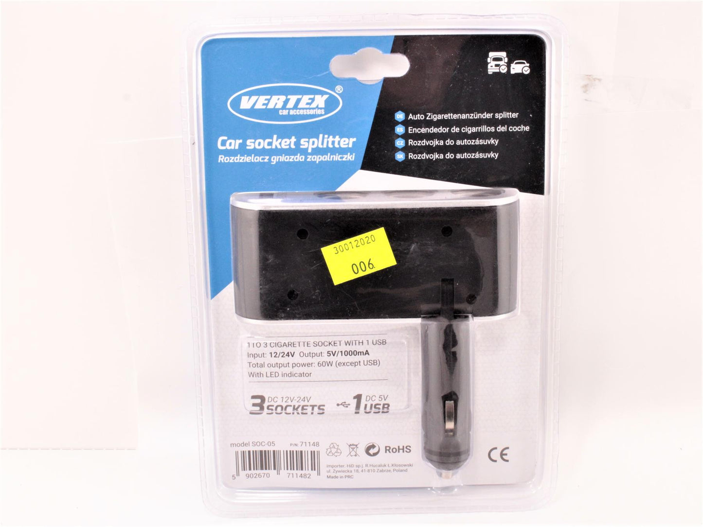 Adaptador para Isqueiro com 3 Saídas 12/24VDC 10A + USB